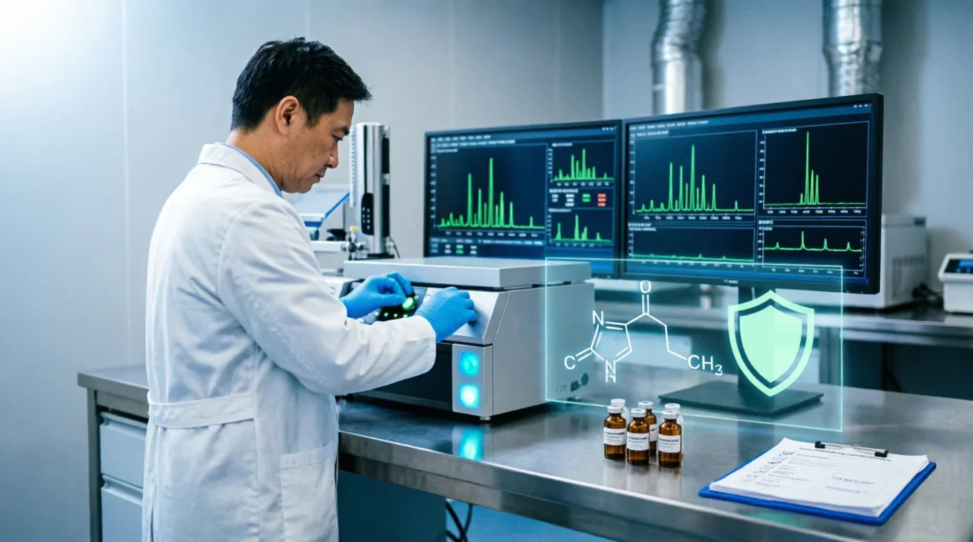 Forensic lab compliance: scientist operating LC-MS/MS equipment with certified reference material vials and chemical inventory audit checklist