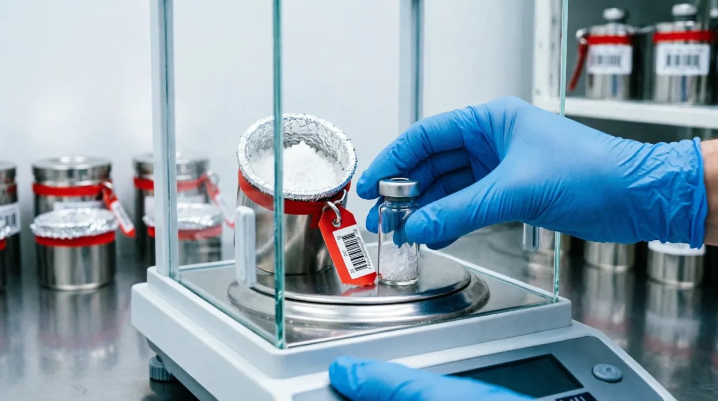 Mephedrone: bulk and small-quantity CRM vial allocations on an analytical balance with chain-of-custody seals