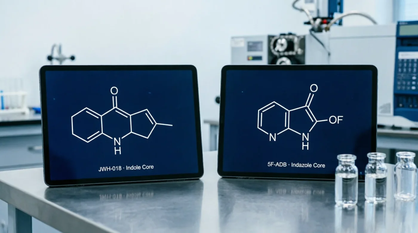 Synthetic cannabinoids: holographic indazole-3-carboxamide structure over an LC-MS/MS MRM dashboard in a forensic laboratory