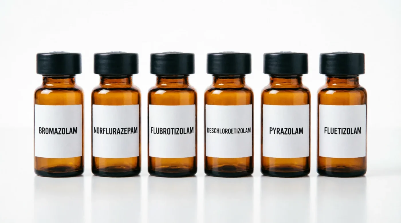 Designer Benzodiazepines List: Six labeled amber reference vials: bromazolam, norflurazepam, flubrotizolam, deschloroetizolam, pyrazolam and fluetizolam on a white background.