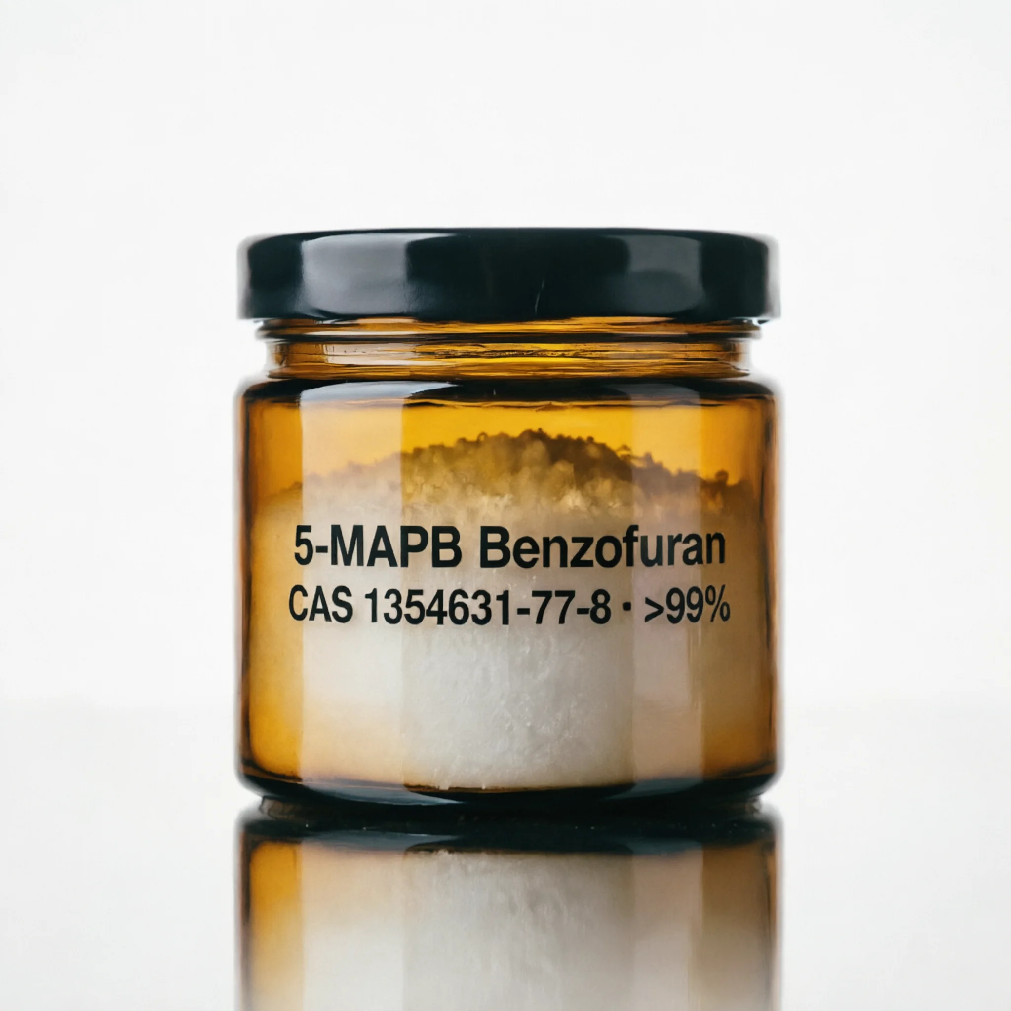 5-MAPB (Benzofuran)white crystalline powder in a 250 mL amber glass jar labeled CAS 1354631-77-8 on a clean white background.