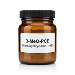 3-MeO-PCE: amber glass laboratory jar containing high-purity 3-methoxyeticyclidine crystalline reference standard for NMDA profiling.