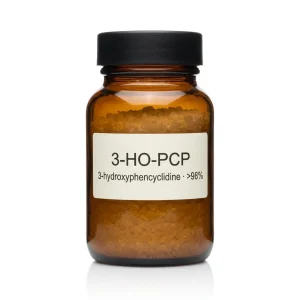 3-HO-PCP (3-hydroxyphencyclidine): amber glass laboratory jar containing HPLC-tested 3-hydroxyphencyclidine crystalline reference standard.