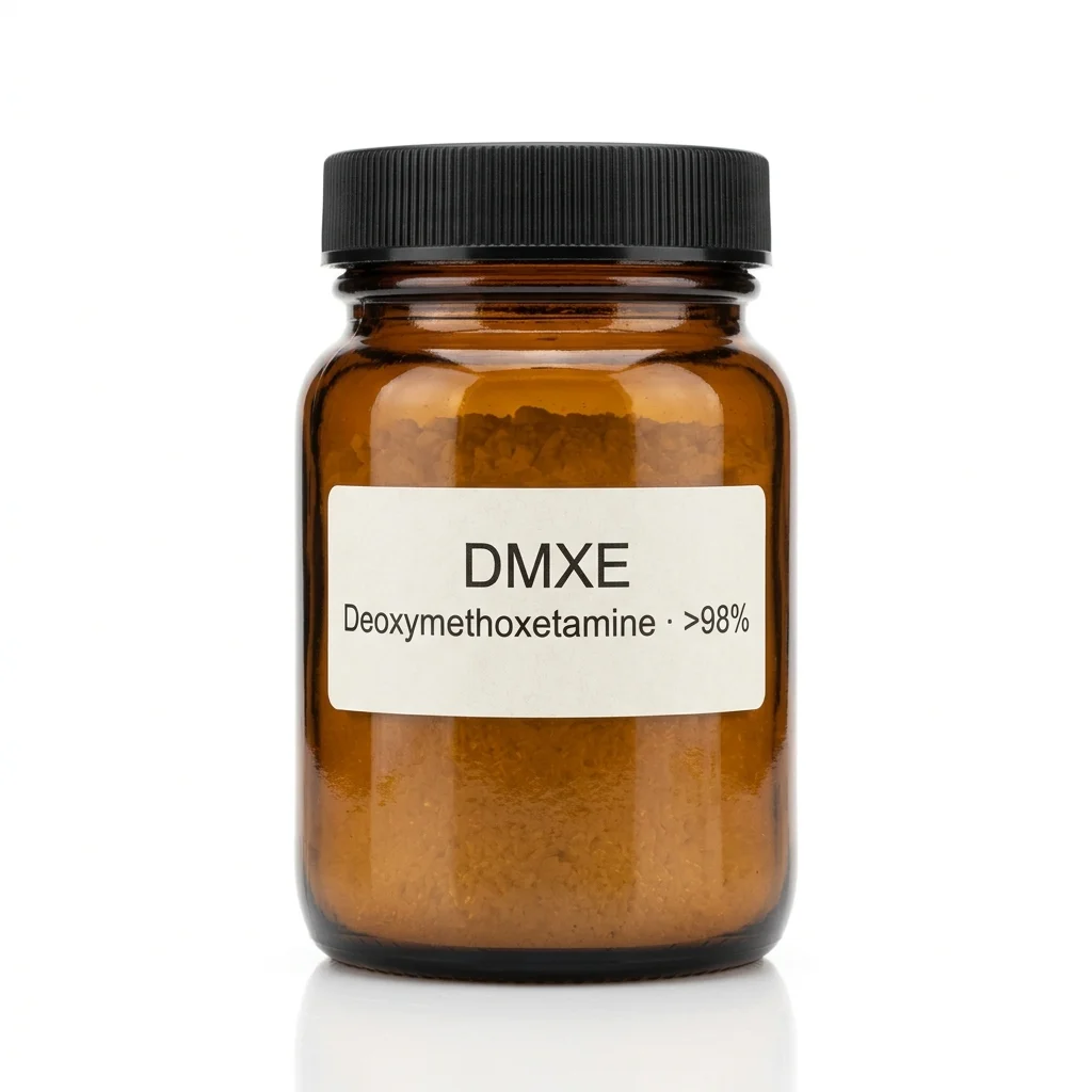DMXE (Deoxymethoxetamine): amber glass laboratory jar containing high-purity arylcyclohexylamine crystalline reference standard.